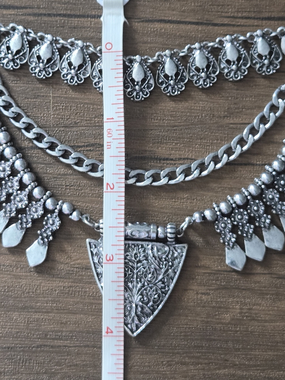 Y2K/2010 Boho Antiqued Silver Tribal Bib Statement Necklace Kuchi Fringe Layered - Picture 8 of 9